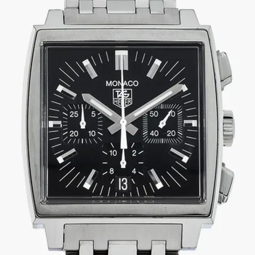 TAG Heuer Monaco Chronograph with Steel Bracelet 38mm Automatic Black Dial Square CW2111-0 Box Papers Card