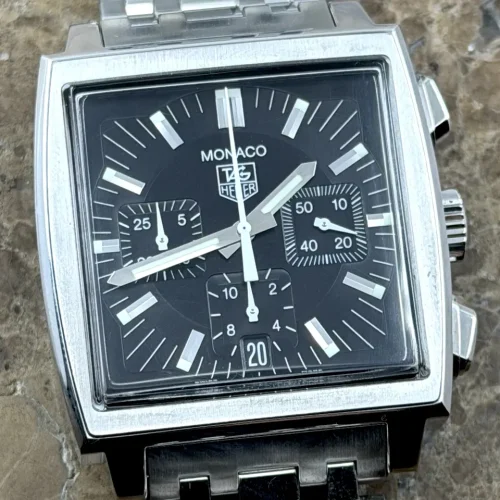 TAG Heuer Monaco Chronograph with Steel Bracelet 38mm Automatic Black Dial Square CW2111-0 Box Papers Card