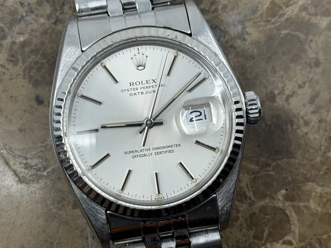 Rolex Oyster Perpetual Datejust 36 Automatic with Silver Dial White Gold Fluted Bezel Jubliee Bracelet model 16014