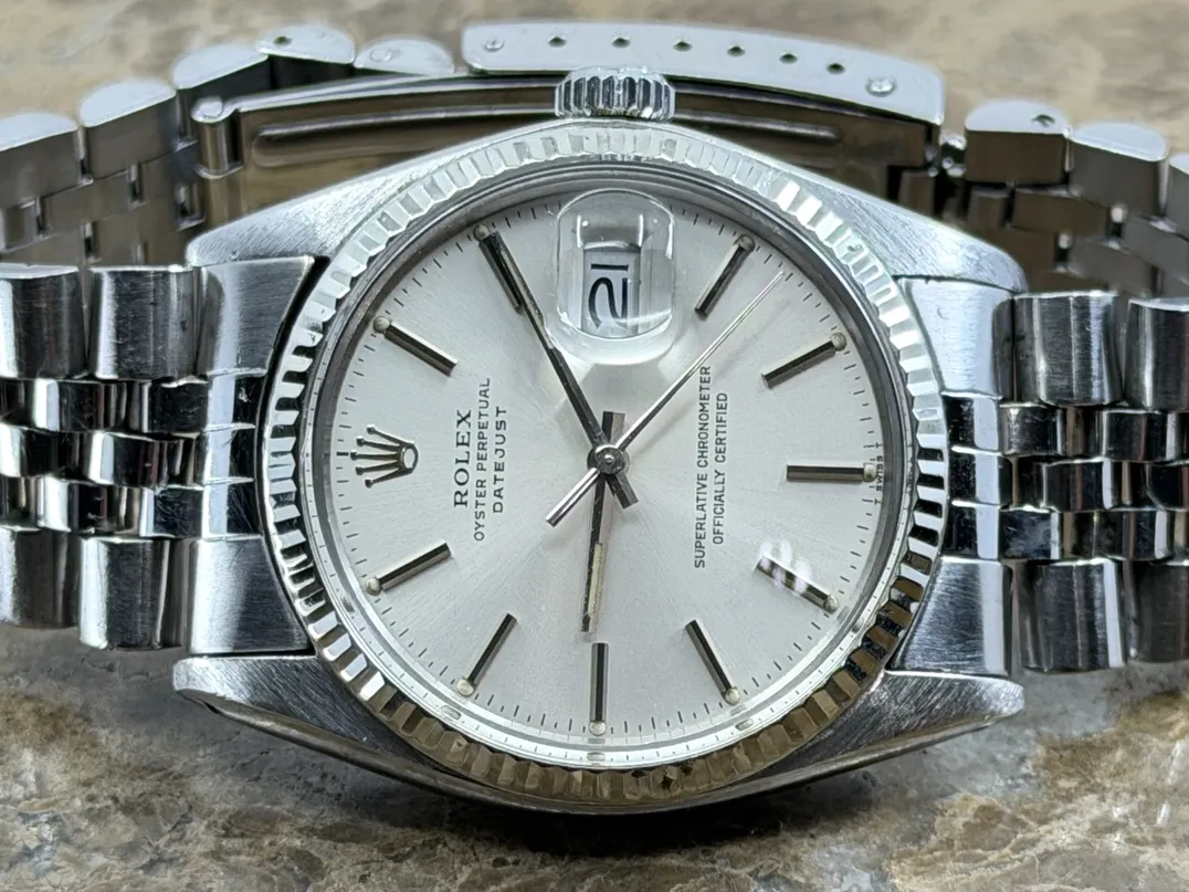 Rolex Oyster Perpetual Datejust 36 Automatic with Silver Dial White Gold Fluted Bezel Jubliee Bracelet model 16014